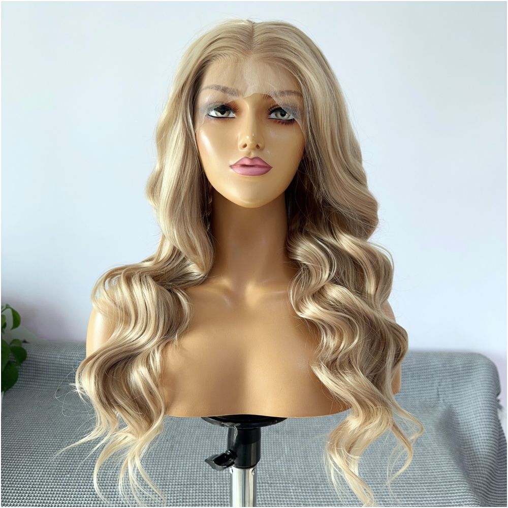 Honey gold wig full head set big wave curly hair hand hook lace wig women s simulated hair daily whole top fluffy image 4