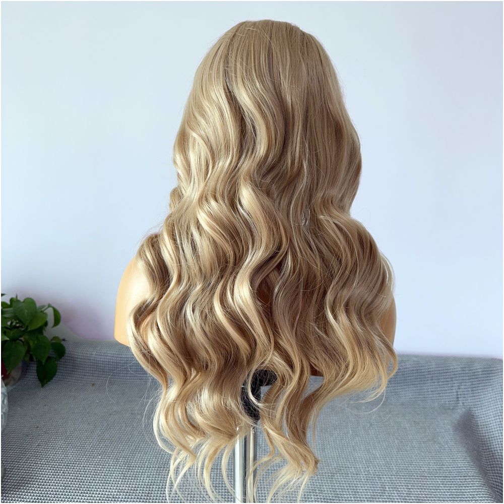 Honey gold wig full head set big wave curly hair hand hook lace wig women s simulated hair daily whole top fluffy image 5