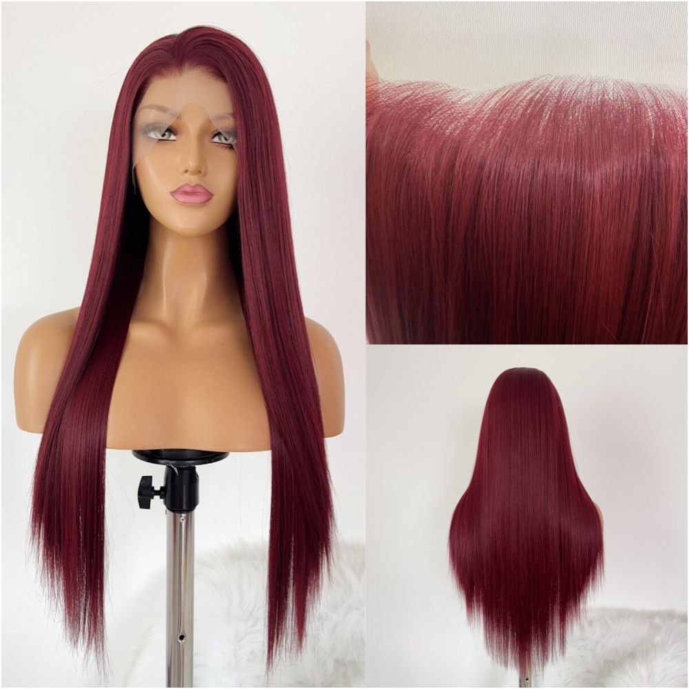 Goddess Wine Red Wig Full Headset Long Straight Hair High Temperature Silk Hook 13x4 Lace Anime Versatile COS Wig image 1