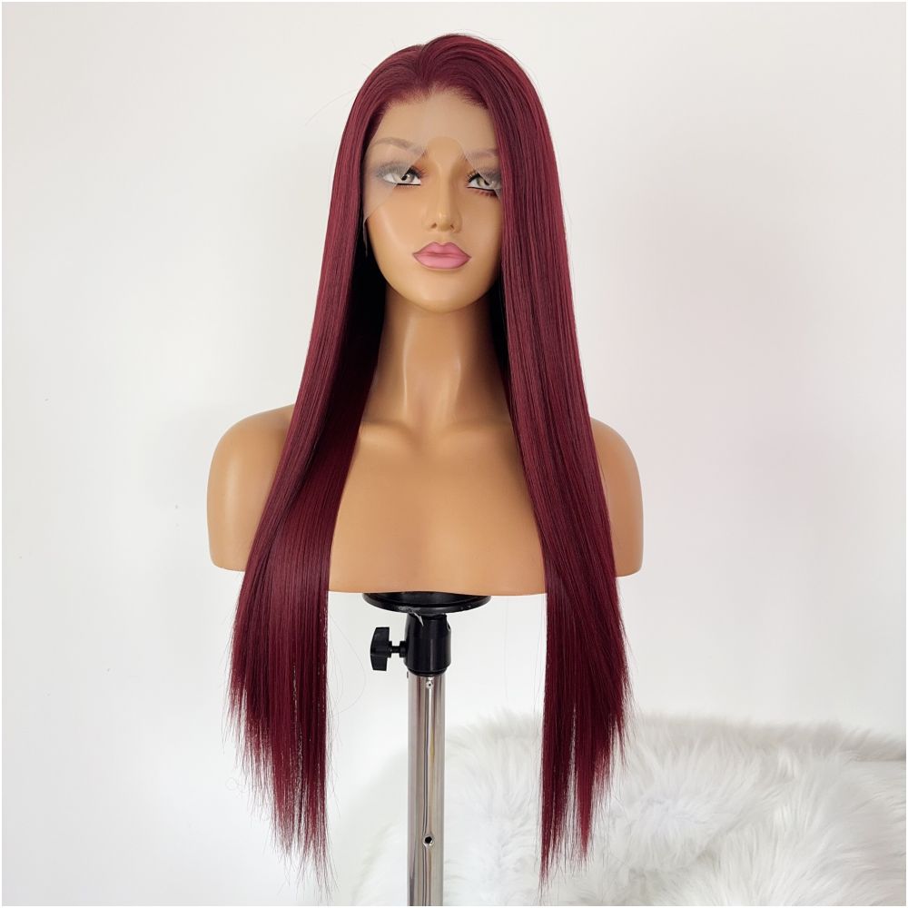 Goddess Wine Red Wig Full Headset Long Straight Hair High Temperature Silk Hook 13x4 Lace Anime Versatile COS Wig image 2