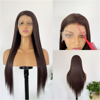 Natural brown wig with long straight hair for daily wear 13 4 lace mesh natural simulation headband breathable and comfortable for women image 0