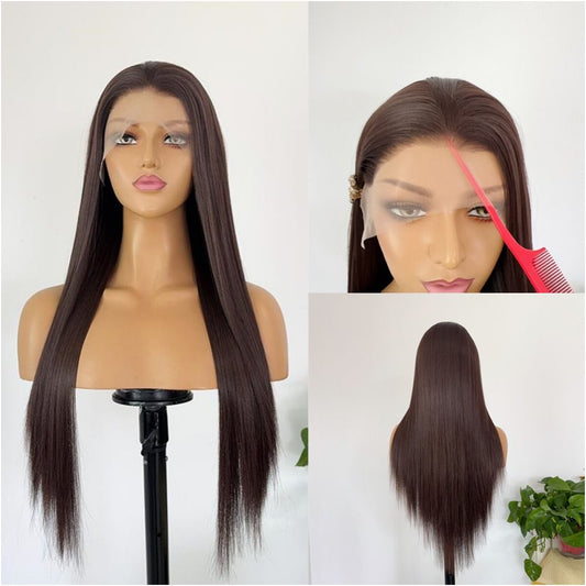 Natural brown wig with long straight hair for daily wear 13 4 lace mesh natural simulation headband breathable and comfortable for women image 0