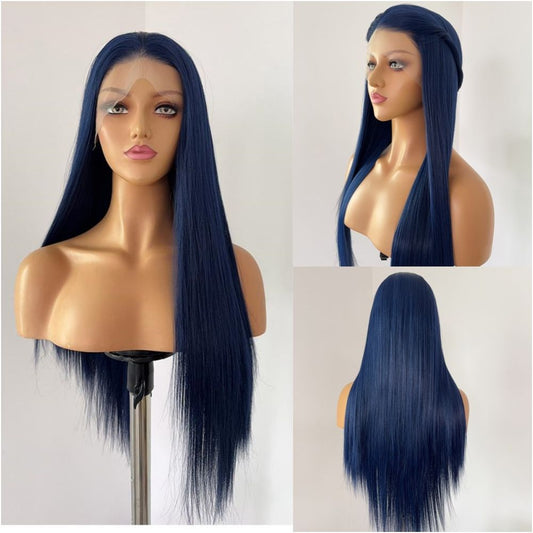 Silan ink blue long straight hair wig animation universal cos hand hook front lace whole hair wig headband anime image 0