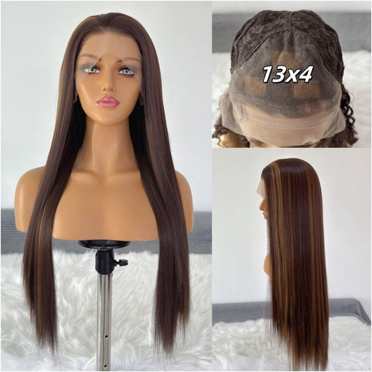 Abifeng gold brown dyed long straight hair wig full head cover for women hand hook 13x4 lace synthetic wig head cover for women