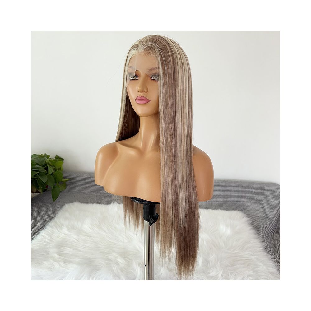 High grade platinum dyed long straight hair wig full head cover women s hand hook hairline 13x4 lace high temperature silk wig image 3