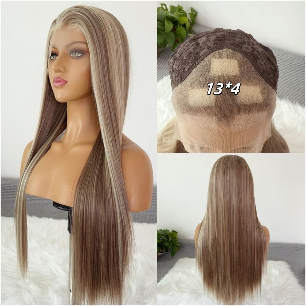 High grade platinum dyed long straight hair wig full head cover women s hand hook hairline 13x4 lace high temperature silk wig