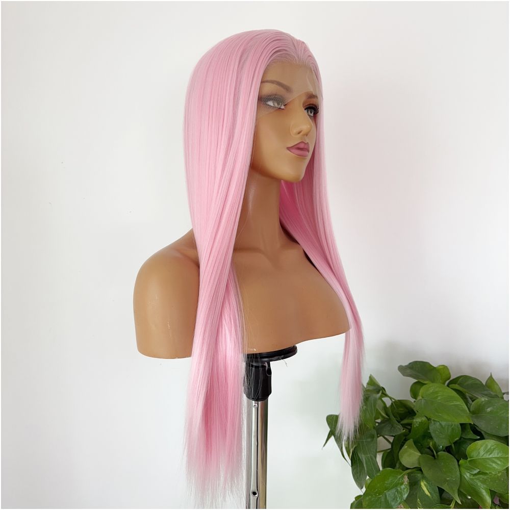 Xiaoma Soft Light Pink Long Straight Hair Wig Set Full Top Universal Anime COS Pink Hair Full Head Set Hook Lace image 2