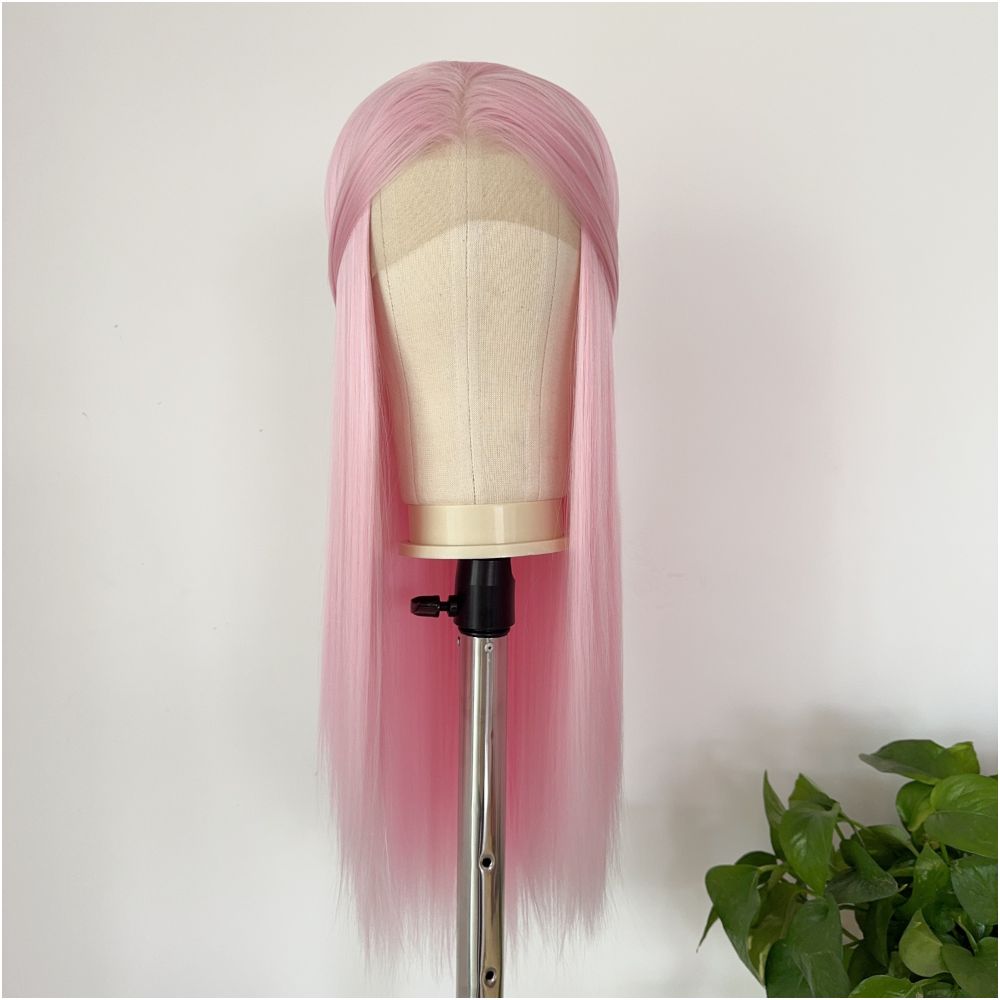 Xiaoma Soft Light Pink Long Straight Hair Wig Set Full Top Universal Anime COS Pink Hair Full Head Set Hook Lace image 4