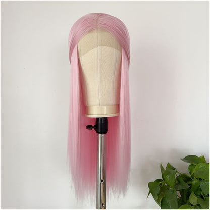 Xiaoma Soft Light Pink Long Straight Hair Wig Set Full Top Universal Anime COS Pink Hair Full Head Set Hook Lace image 4