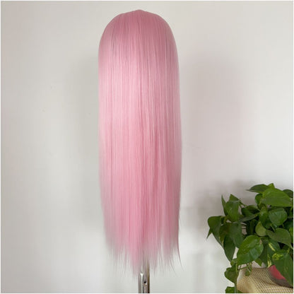 Xiaoma Soft Light Pink Long Straight Hair Wig Set Full Top Universal Anime COS Pink Hair Full Head Set Hook Lace image 5