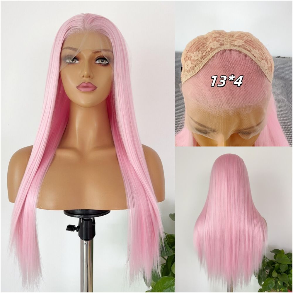 Xiaoma Soft Light Pink Long Straight Hair Wig Set Full Top Universal Anime COS Pink Hair Full Head Set Hook Lace image 0