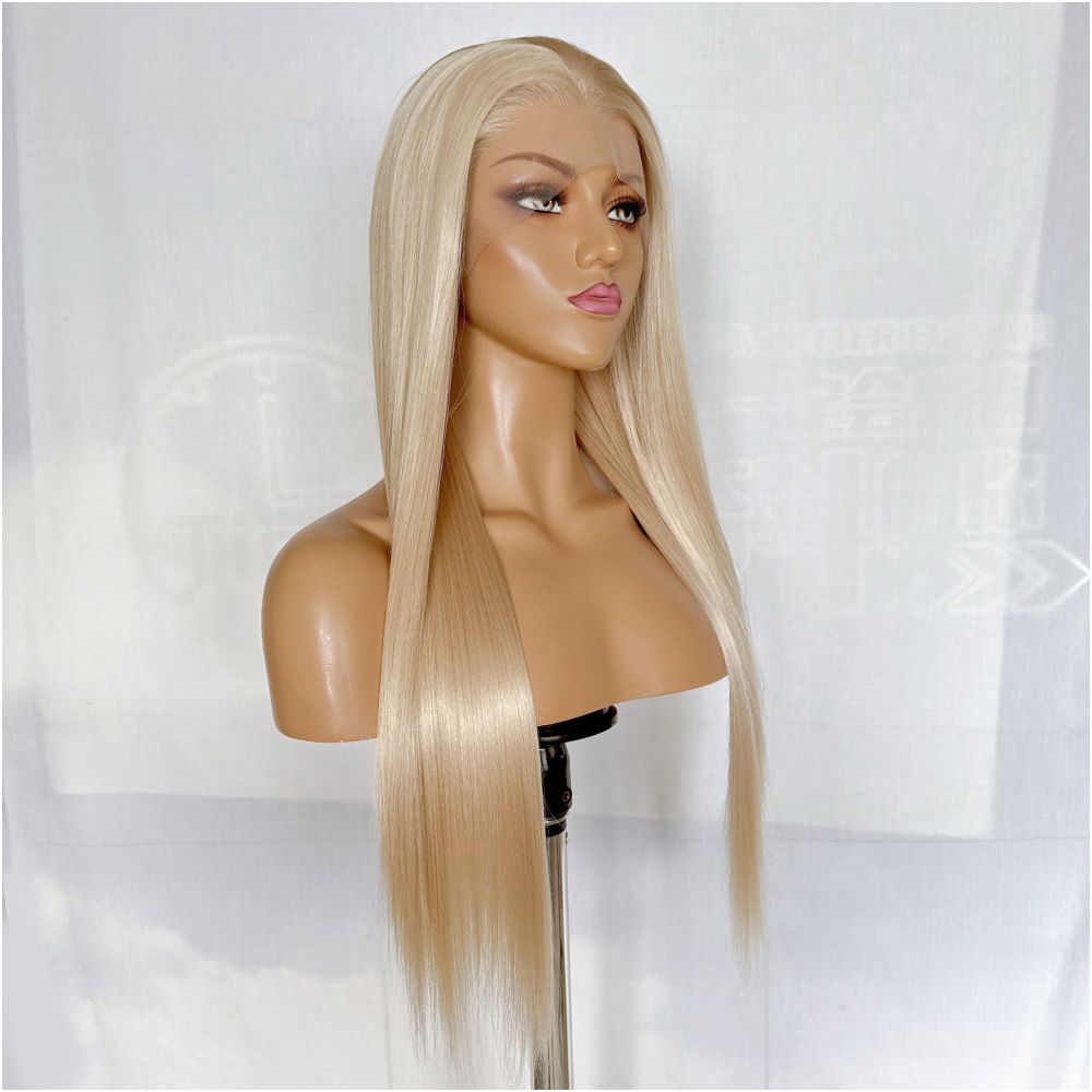 Gongyuan Kaoru Champagne Light Gold Long Straight Hair Hand Hook 13x4 Front Lace Wig Full Headset Universal COS Headset image 3