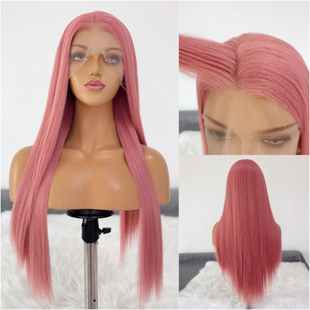 Star dome wig Rose pink long straight hair hand hook lace wig full head set female universal cos anime wig image 2