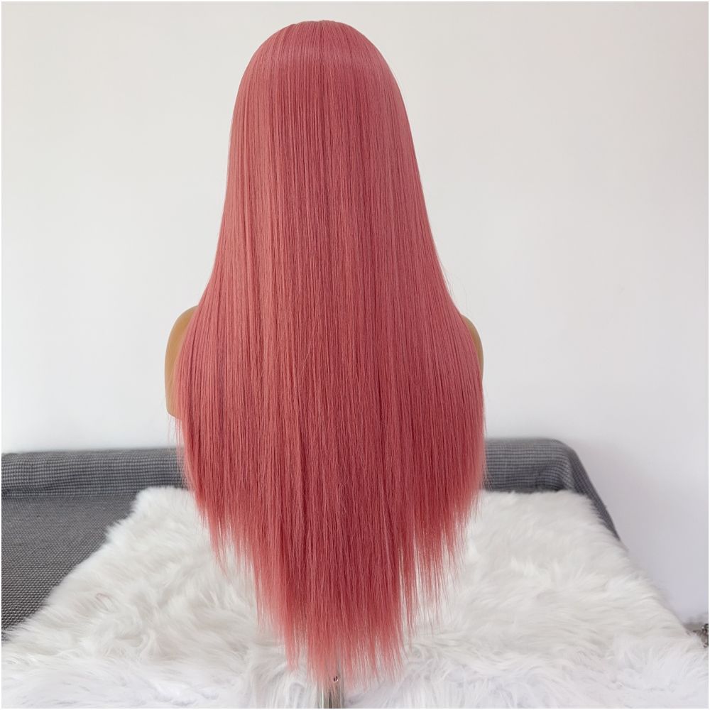 Star dome wig Rose pink long straight hair hand hook lace wig full head set female universal cos anime wig image 4