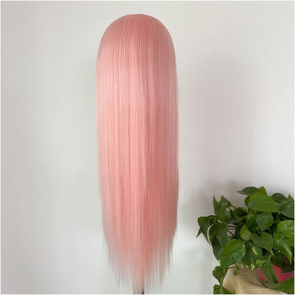 Star dome wig Rose pink long straight hair hand hook lace wig full head set female universal cos anime wig