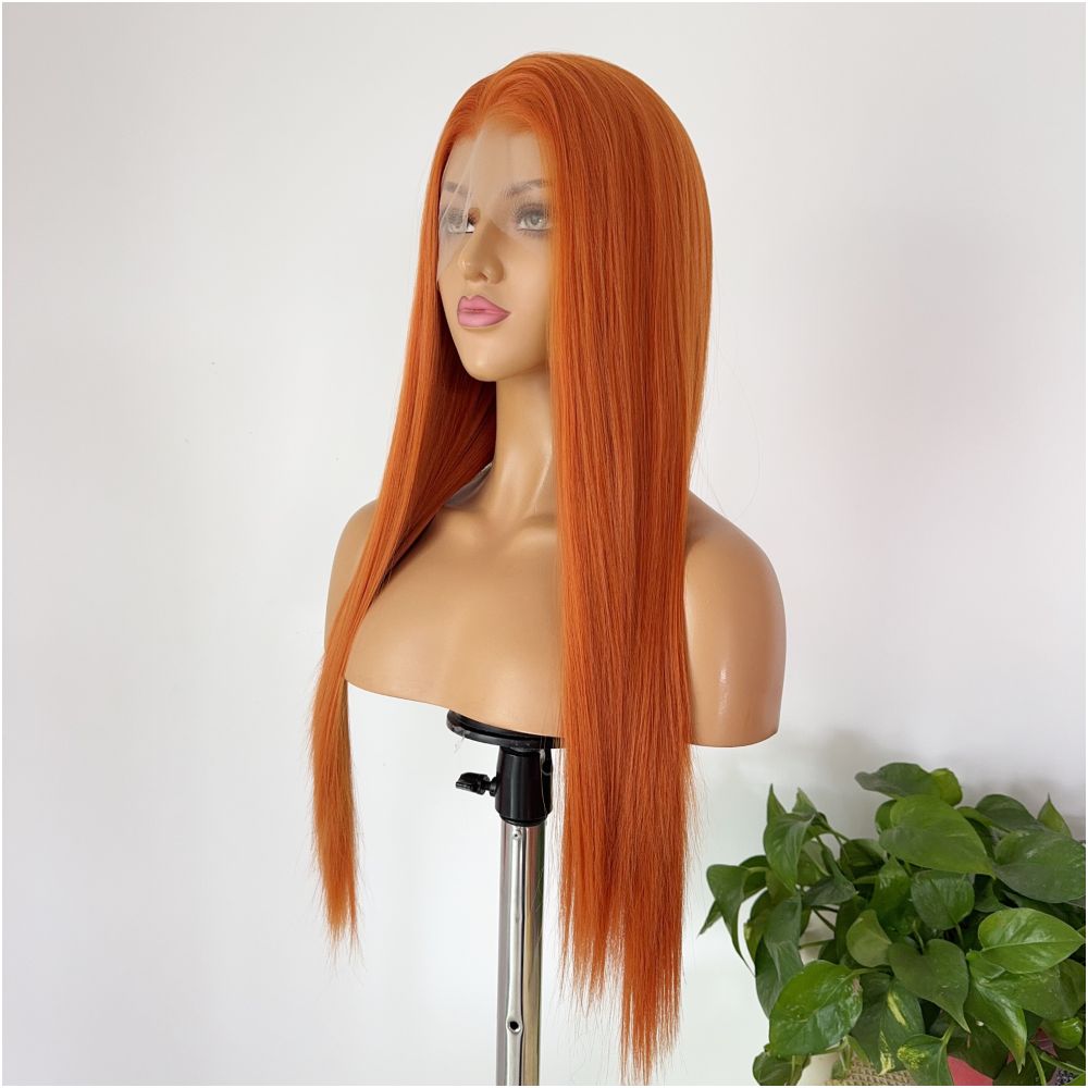 Sakura Futaba Orange Anime Wig Long Straight Hair Hand Hook Front Lace Full Top Wig Headset Versatile COS image 2