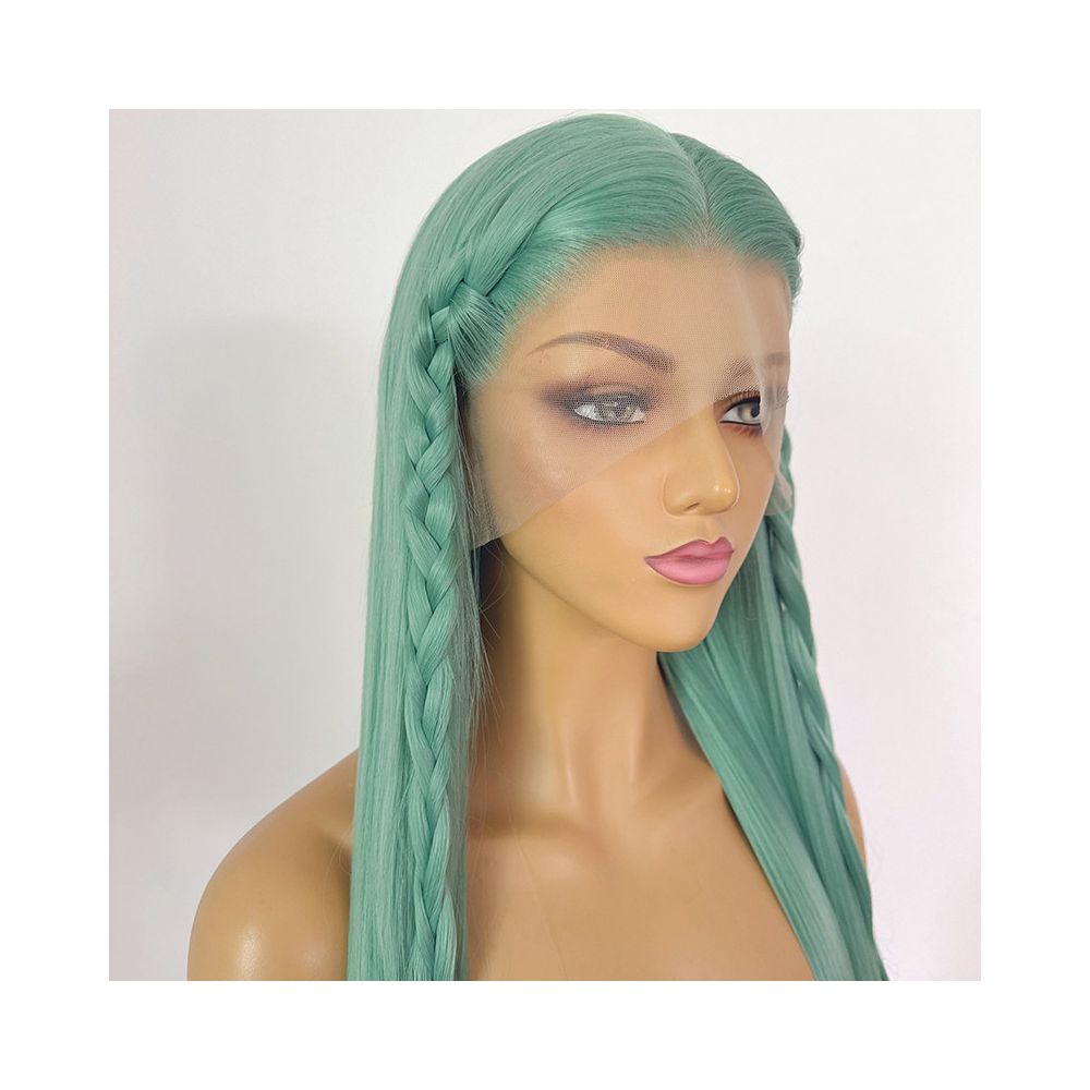 Hatsune Miku Scallion green 13x4 hand hook wig headband Long straight hair High temperature silk fairy anime cosplay image 3