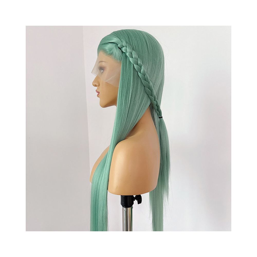 Hatsune Miku Scallion green 13x4 hand hook wig headband Long straight hair High temperature silk fairy anime cosplay image 4
