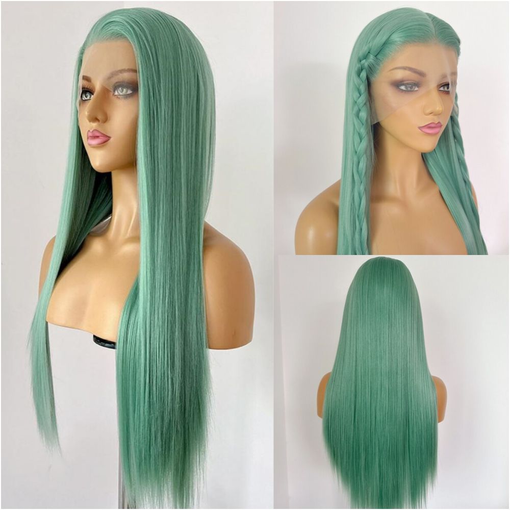 Hatsune Miku Scallion green 13x4 hand hook wig headband Long straight hair High temperature silk fairy anime cosplay image 0