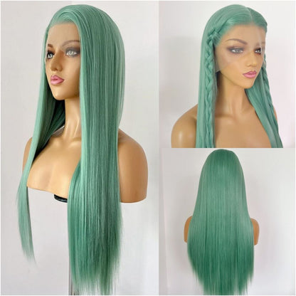 Hatsune Miku Scallion green 13x4 hand hook wig headband Long straight hair High temperature silk fairy anime cosplay image 0