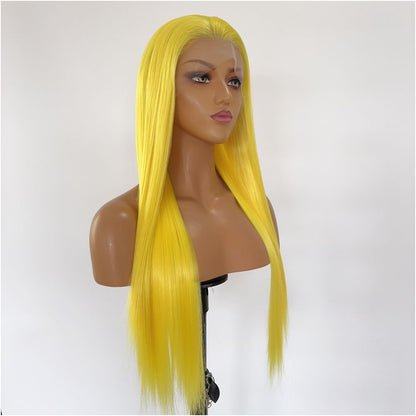 Pretty girl anime cosplay lemon yellow front lace hand hook long curly hair high temperature silk fluffy full top wig headband for women image 2