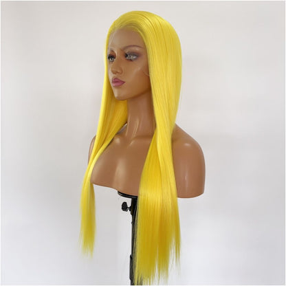 Pretty girl anime cosplay lemon yellow front lace hand hook long curly hair high temperature silk fluffy full top wig headband for women image 3
