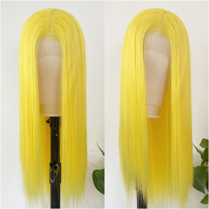 Pretty girl anime cosplay lemon yellow front lace hand hook long curly hair high temperature silk fluffy full top wig headband for women image 4