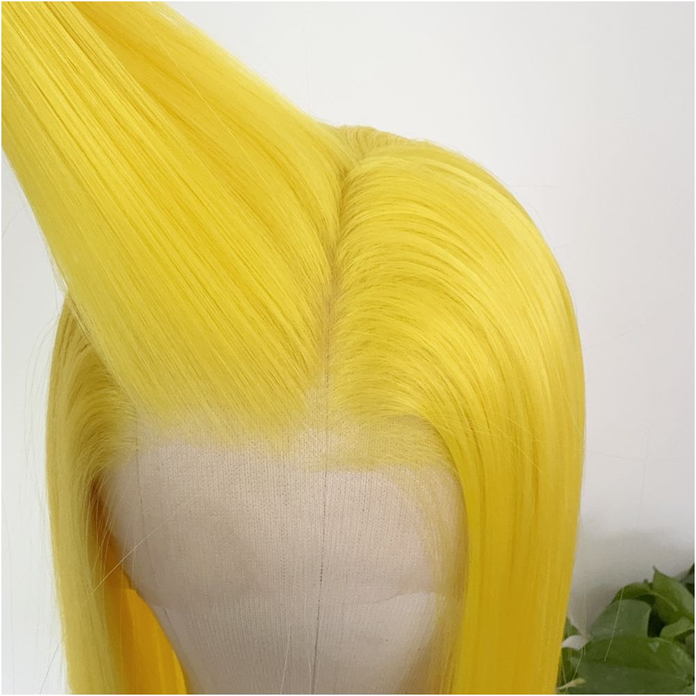 Pretty girl anime cosplay lemon yellow front lace hand hook long curly hair high temperature silk fluffy full top wig headband for women image 5
