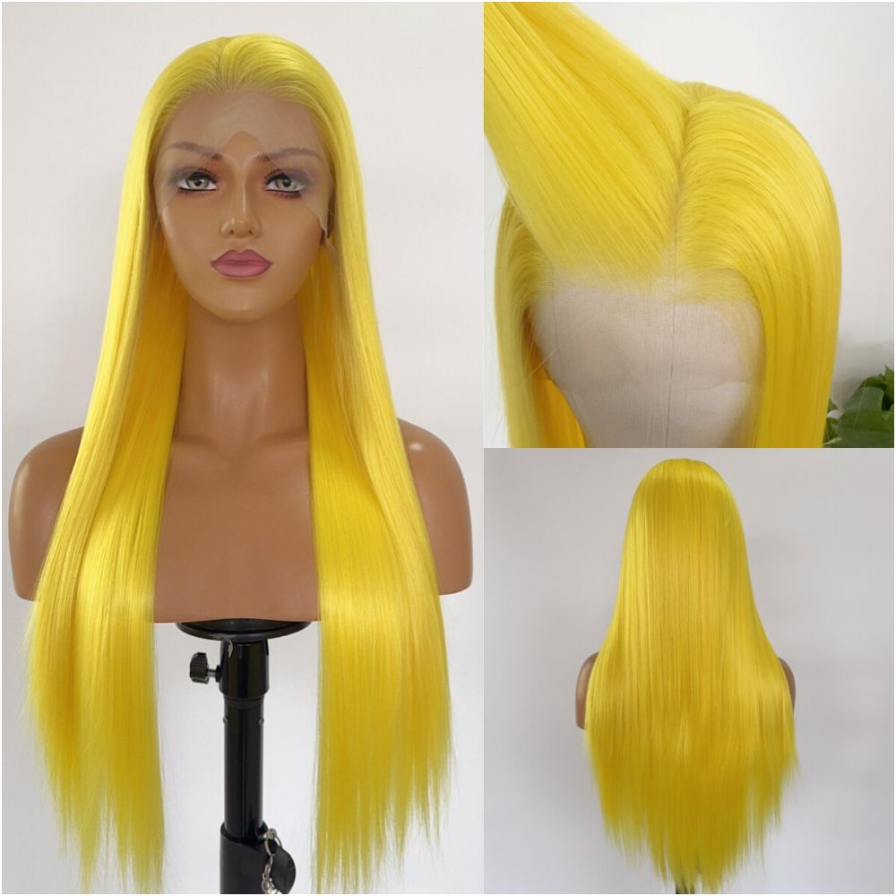 Pretty girl anime cosplay lemon yellow front lace hand hook long curly hair high temperature silk fluffy full top wig headband for women image 0