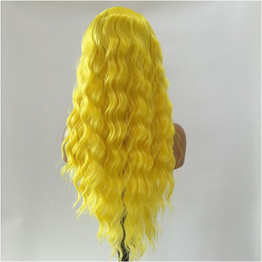 Pretty girl anime cosplay lemon yellow front lace hand hook long curly hair high temperature silk fluffy full top wig headband for women