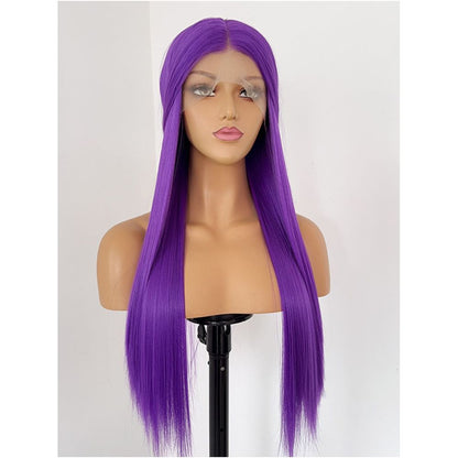 Grape purple long straight hair matte front lace 13x4 animation anime COS universal wig woman image 0