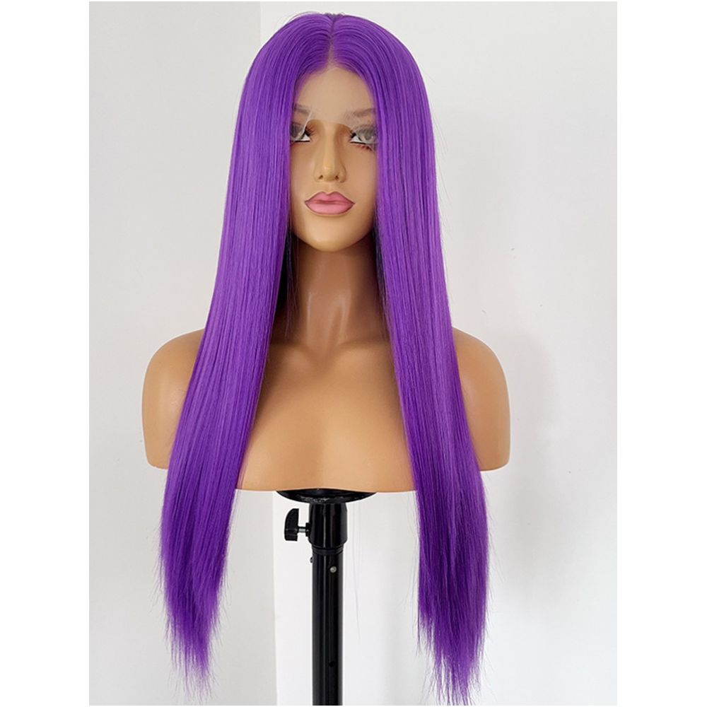 Grape purple long straight hair matte front lace 13x4 animation anime COS universal wig woman image 1