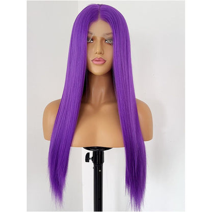 Grape purple long straight hair matte front lace 13x4 animation anime COS universal wig woman image 1