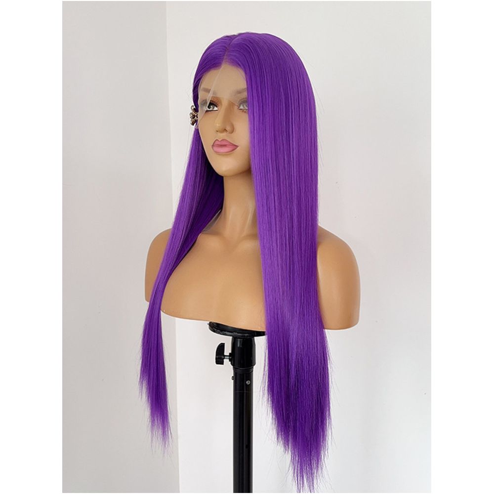 Grape purple long straight hair matte front lace 13x4 animation anime COS universal wig woman image 2