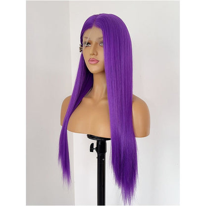 Grape purple long straight hair matte front lace 13x4 animation anime COS universal wig woman image 2