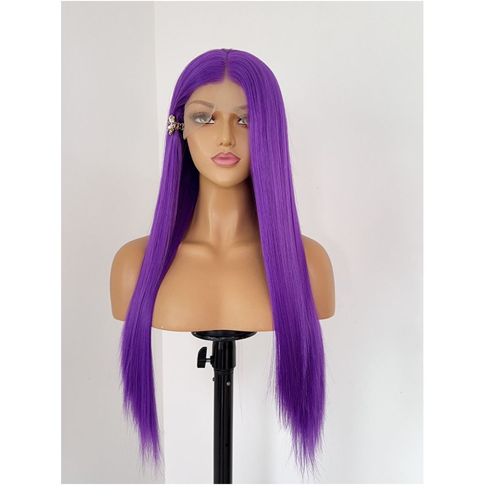 Grape purple long straight hair matte front lace 13x4 animation anime COS universal wig woman image 3