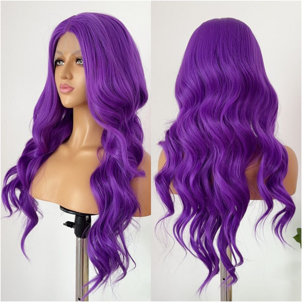Grape purple long straight hair matte front lace 13x4 animation anime COS universal wig woman