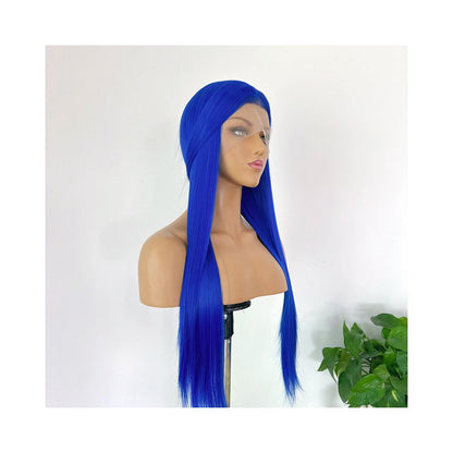 Royal blue wig with long straight hair high temperature synthetic hook 13 4 lace blue fur anime cosplay wig full head cover for women image 2