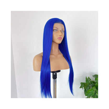 Royal blue wig with long straight hair high temperature synthetic hook 13 4 lace blue fur anime cosplay wig full head cover for women image 3