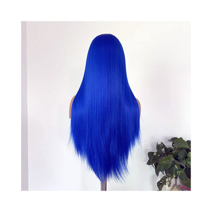 Royal blue wig with long straight hair high temperature synthetic hook 13 4 lace blue fur anime cosplay wig full head cover for women image 5