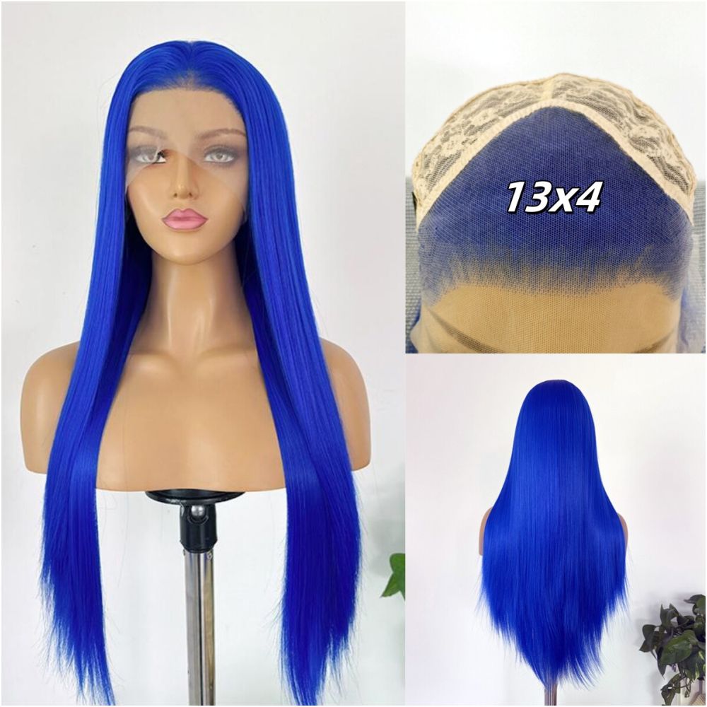 Royal blue wig with long straight hair high temperature synthetic hook 13 4 lace blue fur anime cosplay wig full head cover for women image 0