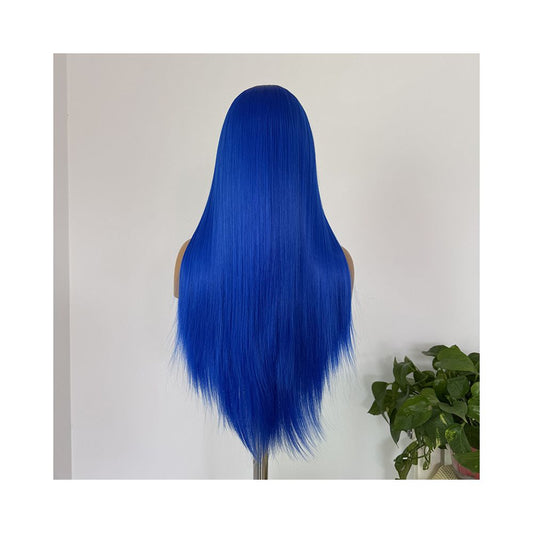 Royal blue wig with long straight hair high temperature synthetic hook 13 4 lace blue fur anime cosplay wig full head cover for women