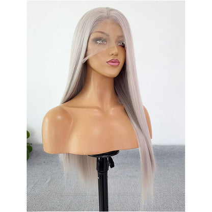 Verding Milk Tea Grey Wig Set Matte 13 4 Hand Hook Front Lace Mesh Full Top Headset Anime COS Versatile image 3