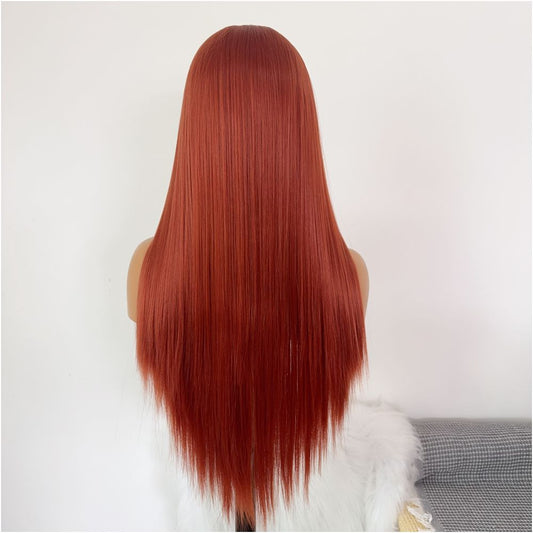 Huo Ying Jiu Xin Nai Orange Red Wig Long Straight Hair Chemical Fiber High Temperature Silk Hand Hook Lace Wig Versatile COS Headset