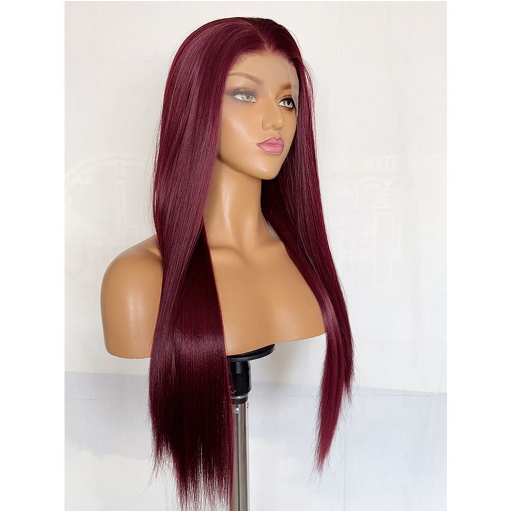 Red wine colored long straight high temperature silk synthetic fiber 13x4 hand hooked lace wig full head cover versatile cosplay wig image 1