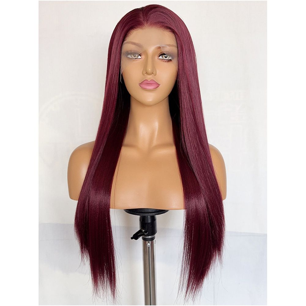 Red wine colored long straight high temperature silk synthetic fiber 13x4 hand hooked lace wig full head cover versatile cosplay wig image 2