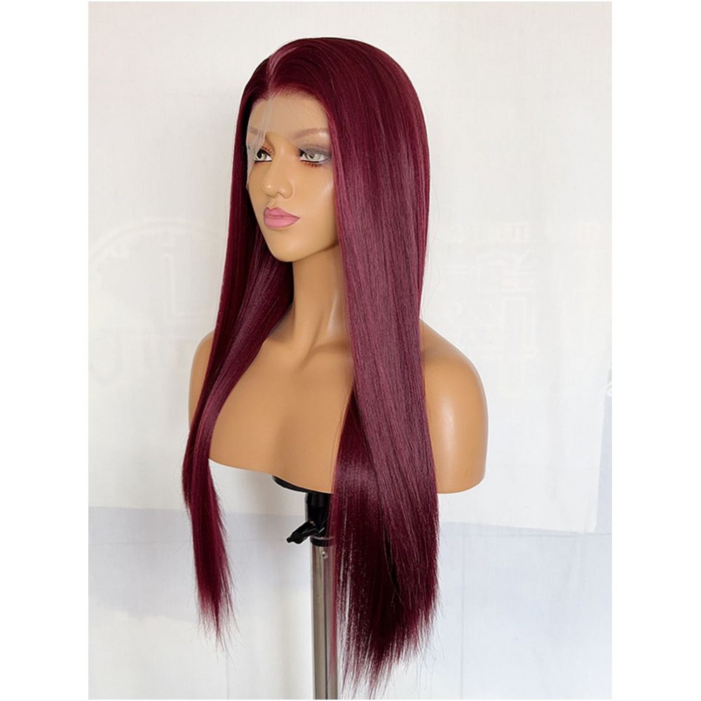 Red wine colored long straight high temperature silk synthetic fiber 13x4 hand hooked lace wig full head cover versatile cosplay wig image 3