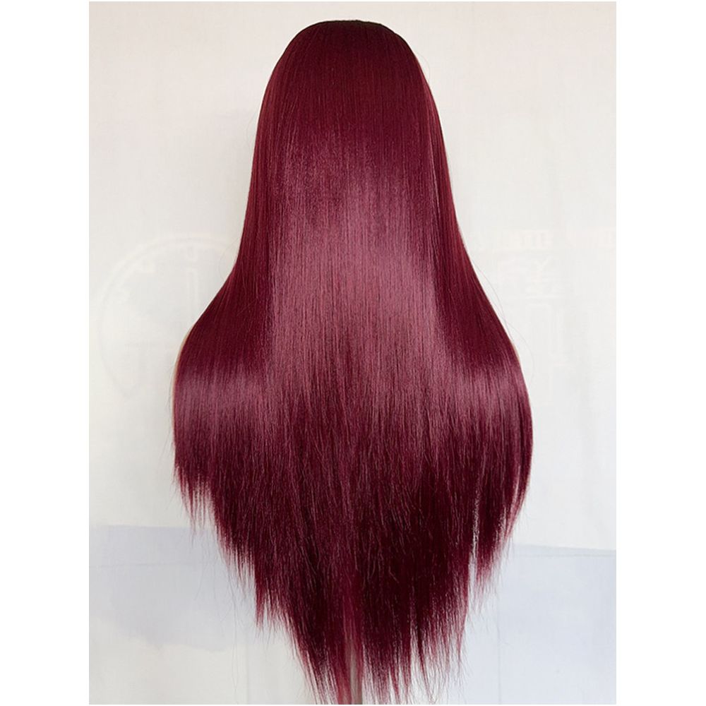Red wine colored long straight high temperature silk synthetic fiber 13x4 hand hooked lace wig full head cover versatile cosplay wig image 4