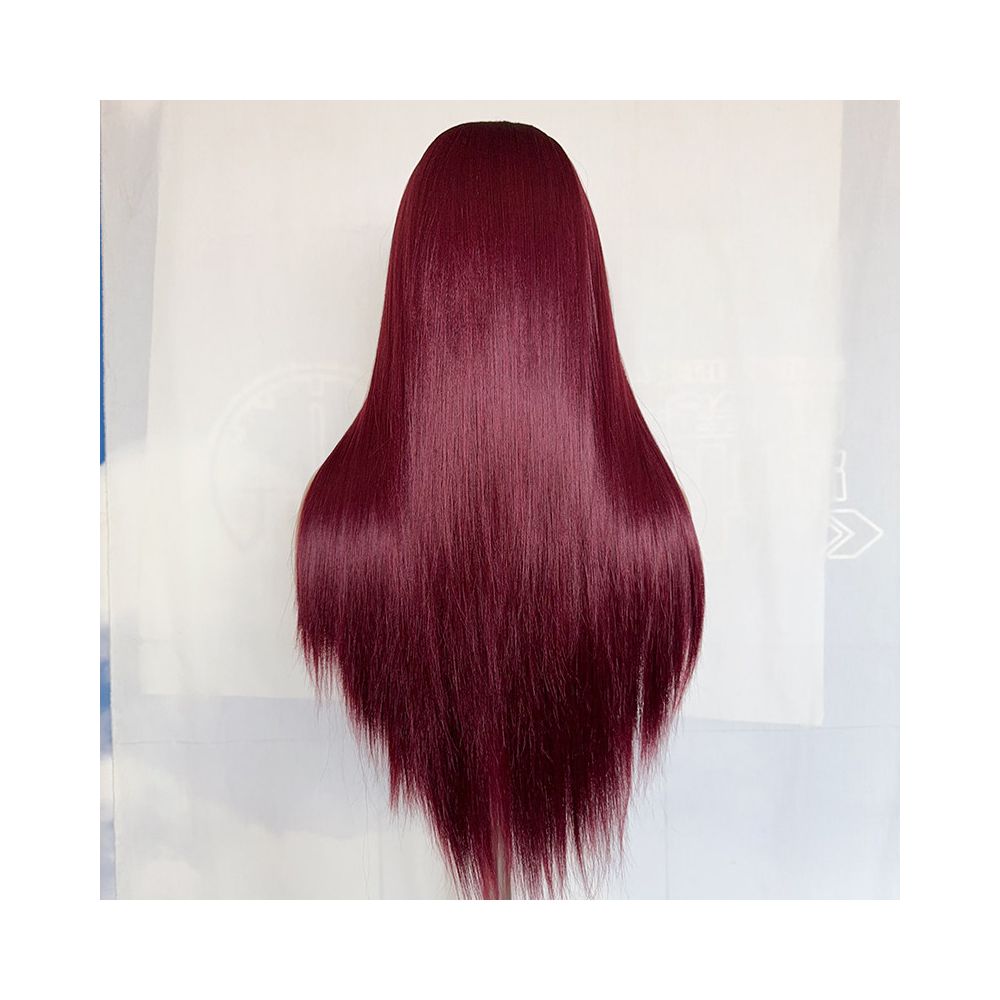Red wine colored long straight high temperature silk synthetic fiber 13x4 hand hooked lace wig full head cover versatile cosplay wig