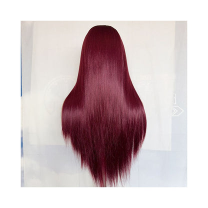 Red wine colored long straight high temperature silk synthetic fiber 13x4 hand hooked lace wig full head cover versatile cosplay wig